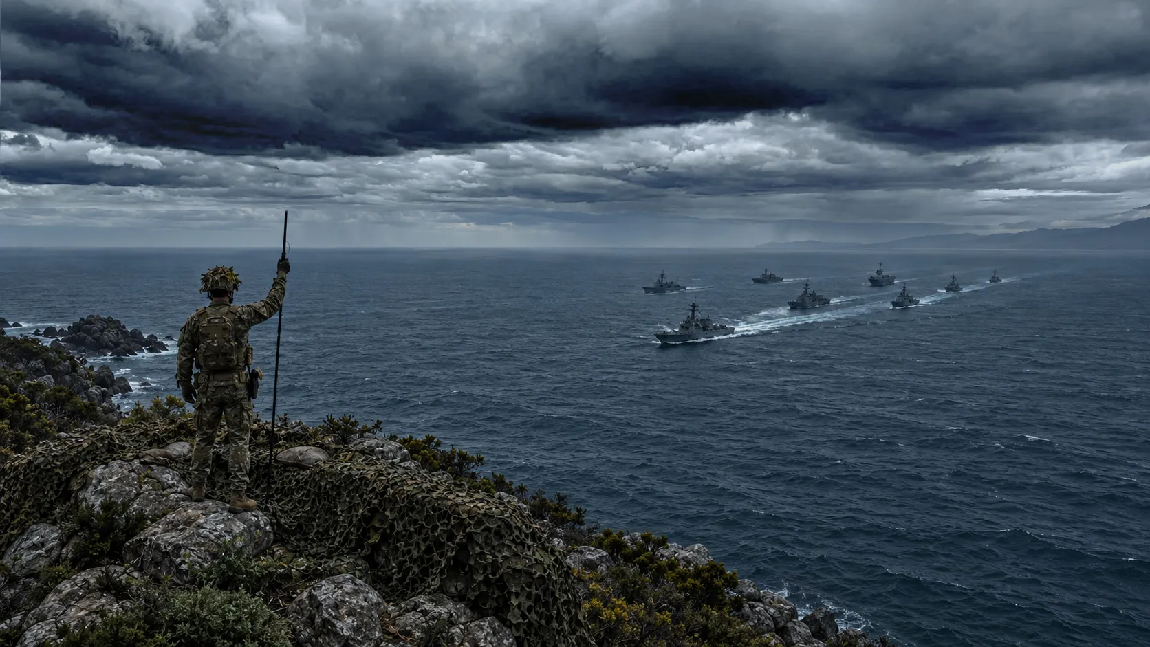 Lone observer on a rocky headland watching a naval task group in heavy weather